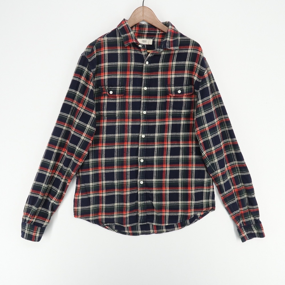 Creep‎ Flannel Shirt Mens XL Navy Blue Plaid Long Sleeve Button Up Hiroshi Awai